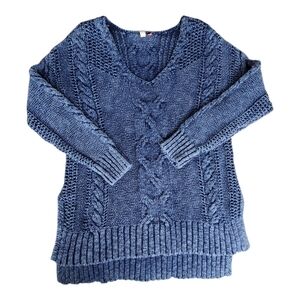 Pilcro Cotton Vneck Blue Washed Cableknit Sweater Fisherman